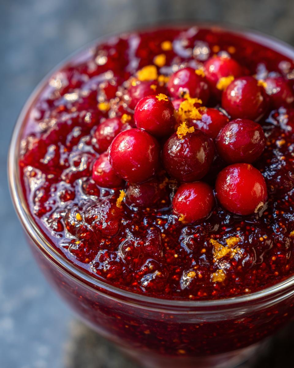 Close-up of a bowl of homemade cranberry sauce topped with fresh cranberries and orange zest.