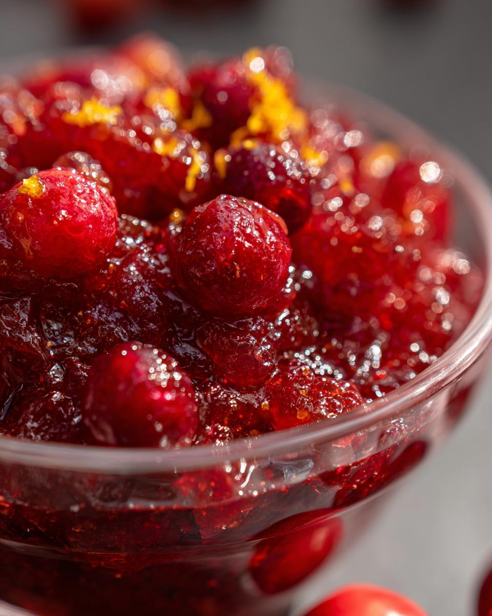 Close-up of a bowl of homemade cranberry sauce, topped with fresh orange zest and whole cranberries.