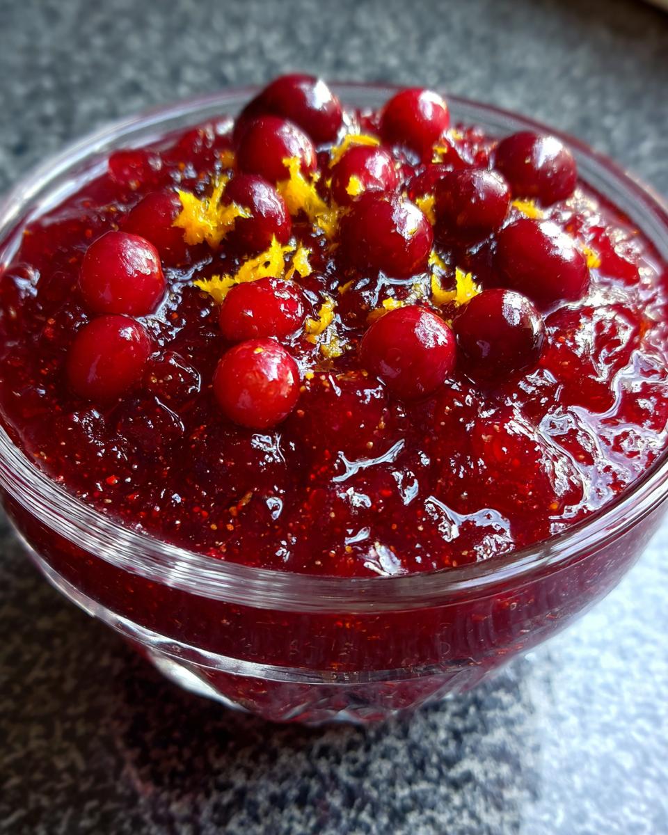 Close-up of a glass bowl filled with vibrant red cranberry sauce, topped with fresh cranberries and orange zest.