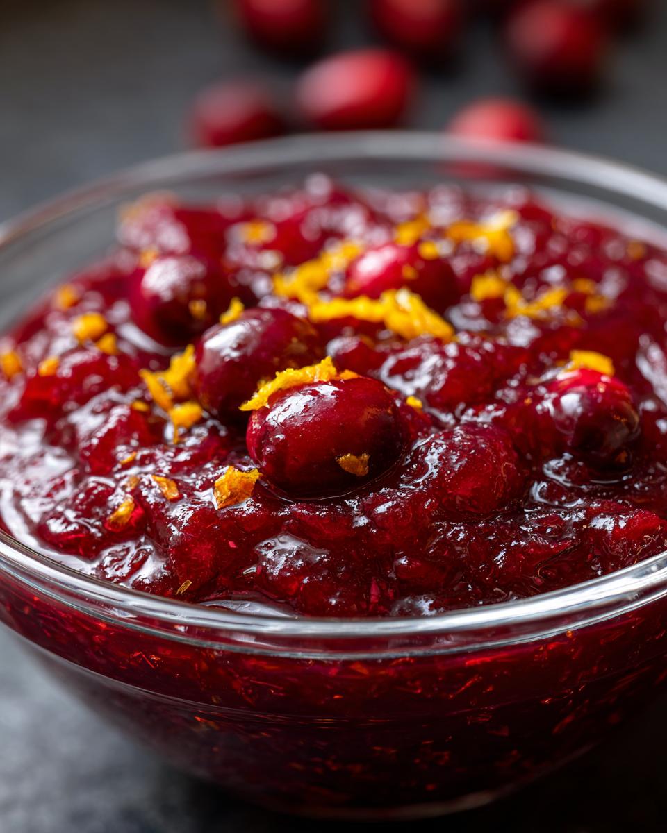 Close-up of homemade Cranberry Sauce in a glass bowl, garnished with whole cranberries and orange zest.