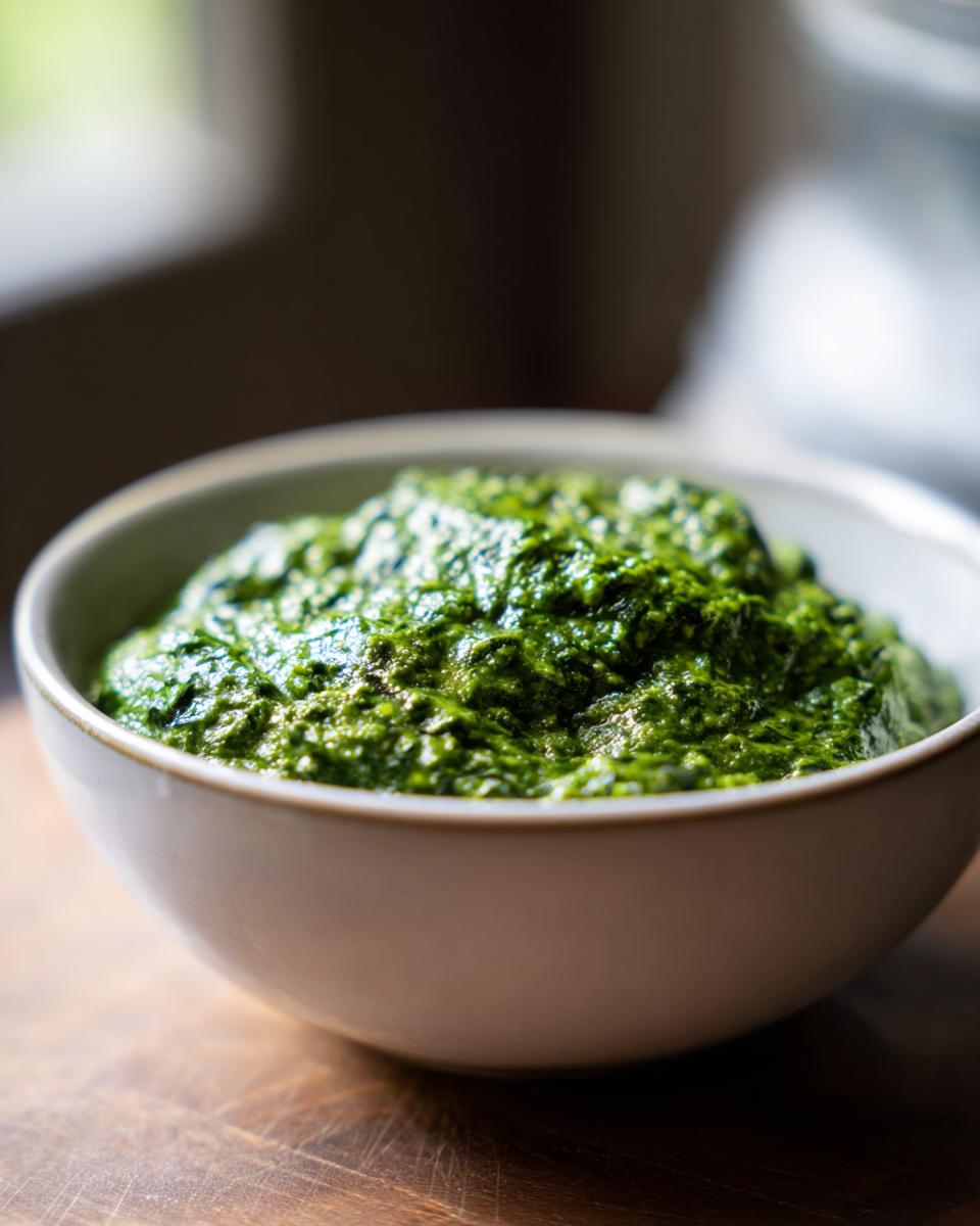 A close-up shot of rich and creamy green creamed spinach served in a white bowl.