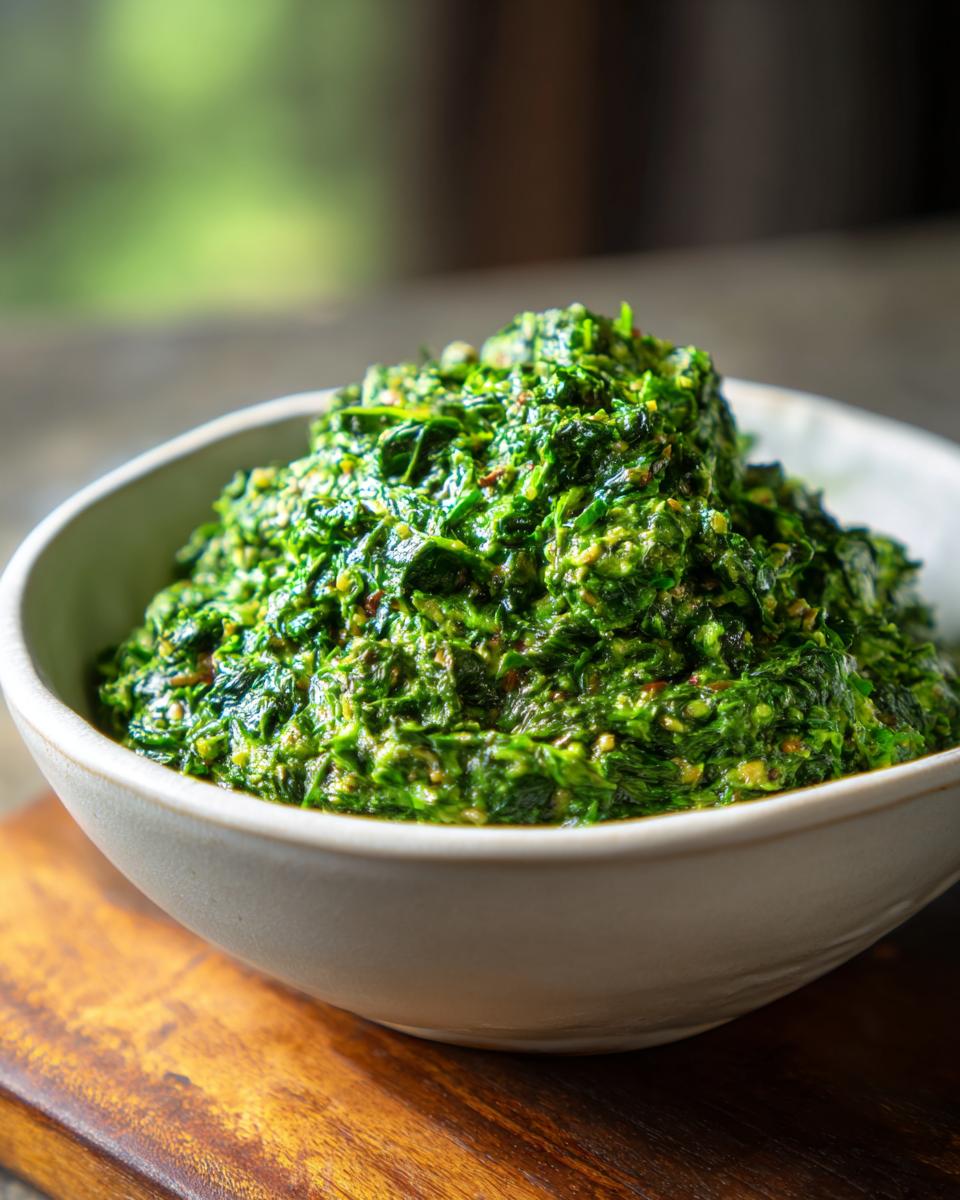 A close-up of a bowl filled with rich and creamy green creamed spinach, ready to be served.