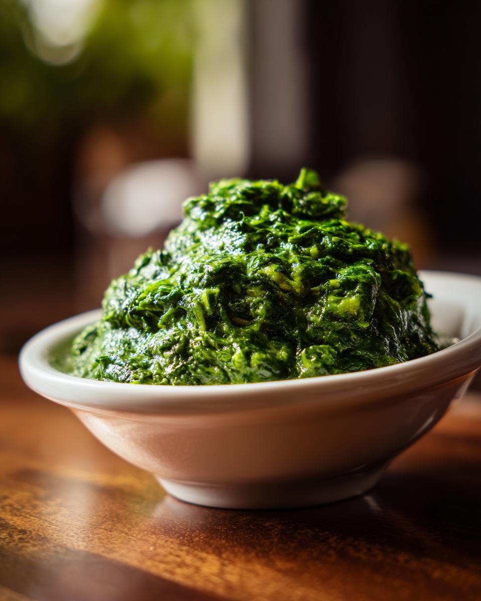 A close-up of a bowl filled with rich and creamy creamed spinach, a classic steakhouse side.