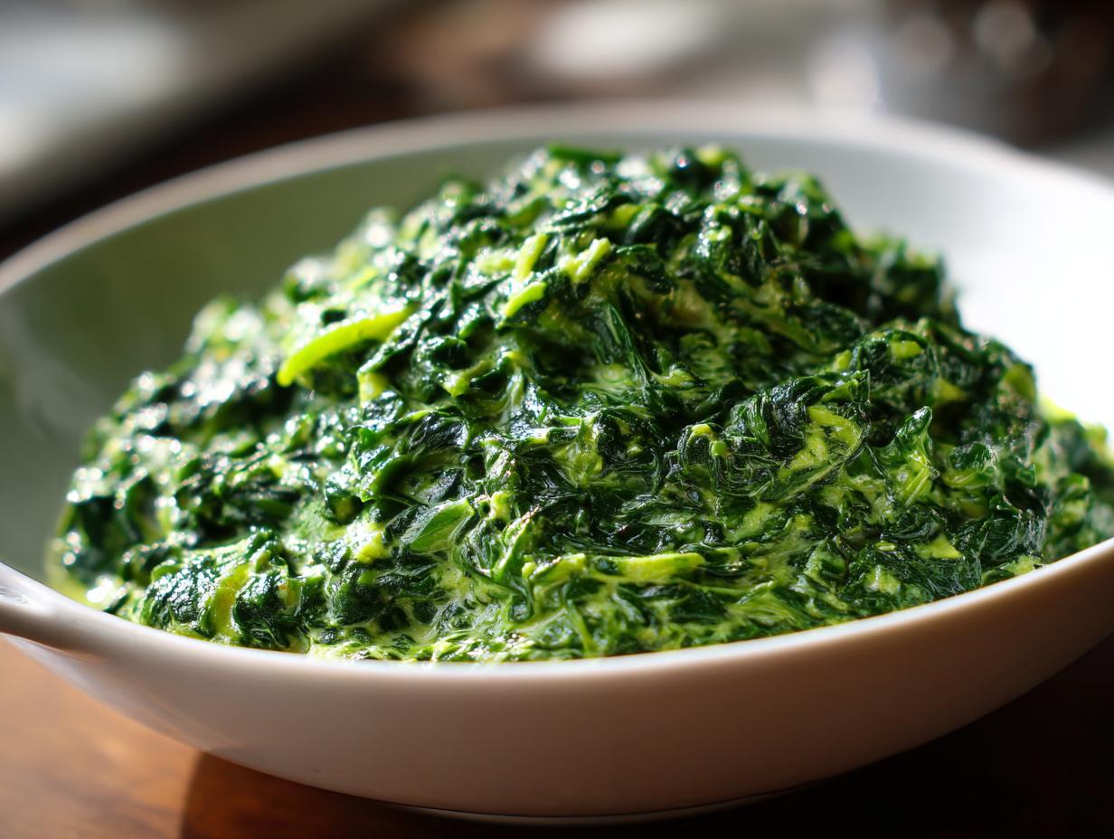 Close-up of a bowl filled with rich and creamy cremed spinach, a classic steakhouse side dish.