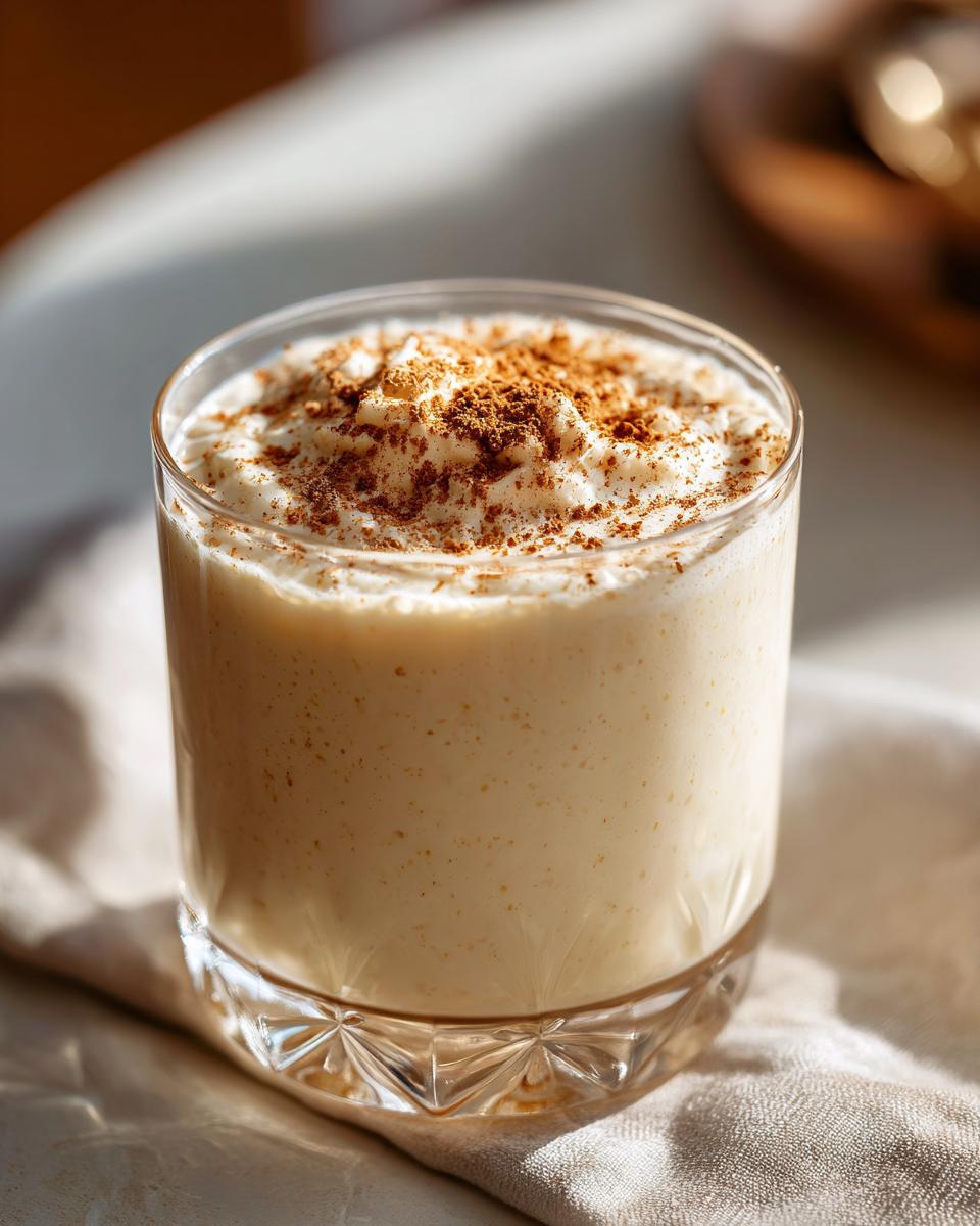 A close-up of a glass of rich and creamy eggnog, generously topped with whipped cream and a dusting of cinnamon.