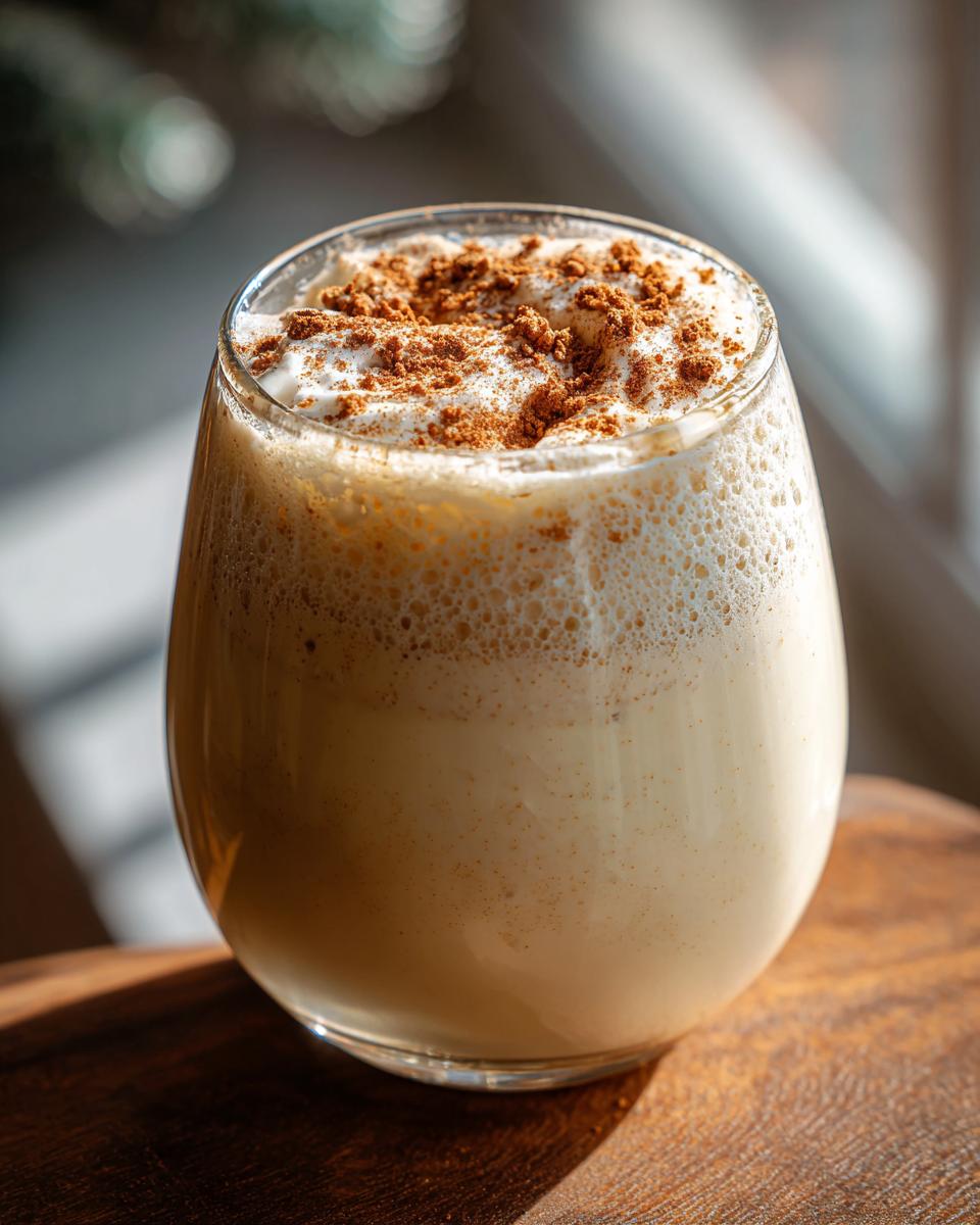 A close-up of a glass of rich and creamy eggnog, topped with whipped cream and a sprinkle of cinnamon.