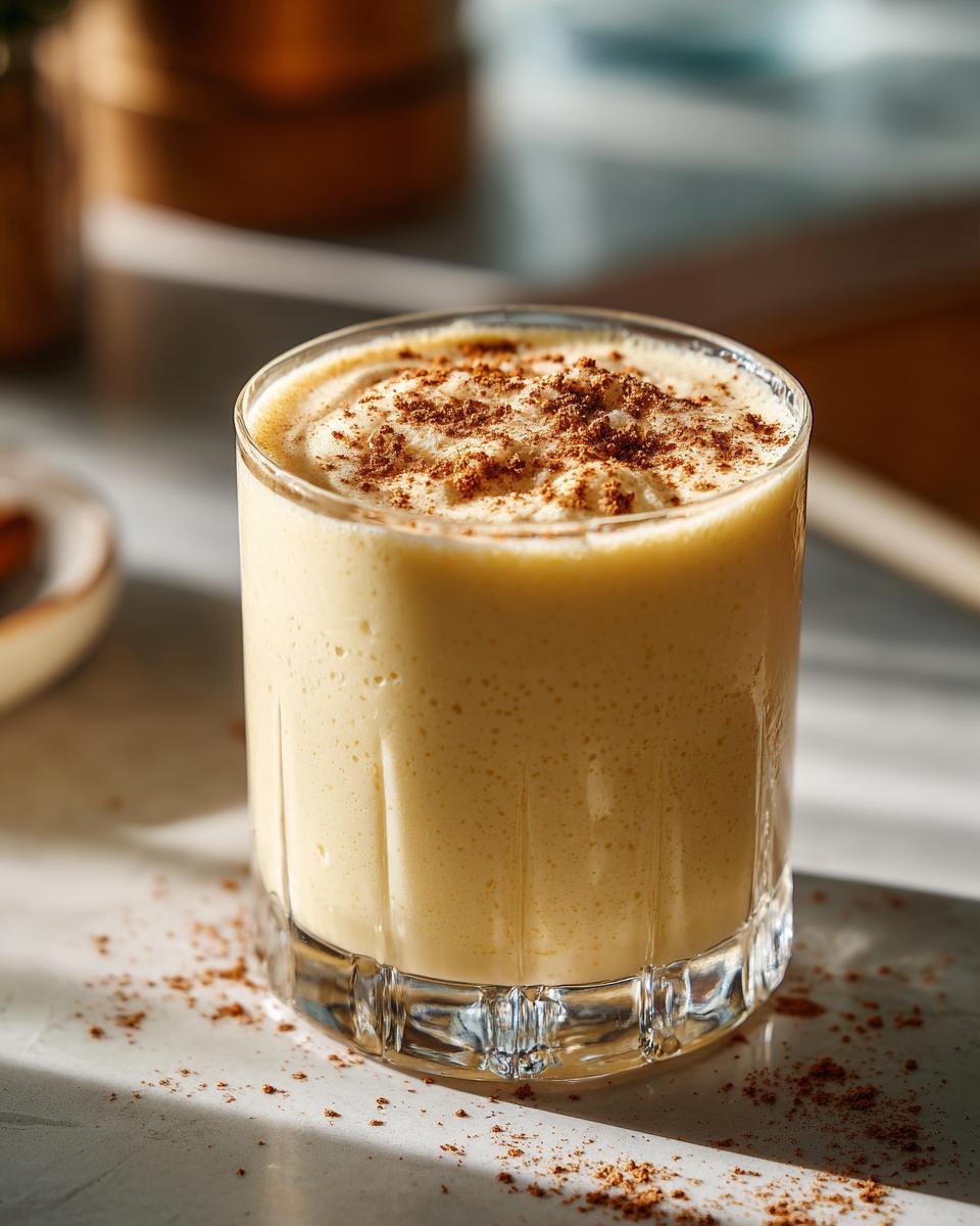 A close-up of a glass filled with rich, creamy eggnog, topped with a swirl of foam and a sprinkle of cinnamon.