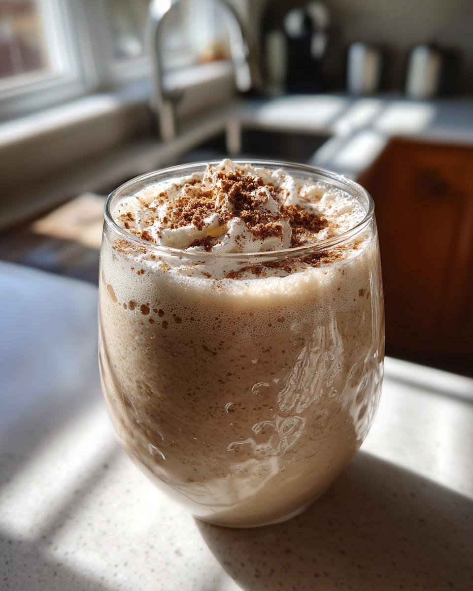A tall glass of creamy eggnog topped with whipped cream and a sprinkle of cinnamon.