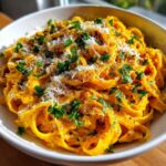 A close-up of a bowl of Creamy Pumpkin Alfredo Pasta, garnished with fresh parsley and shredded Parmesan cheese.
