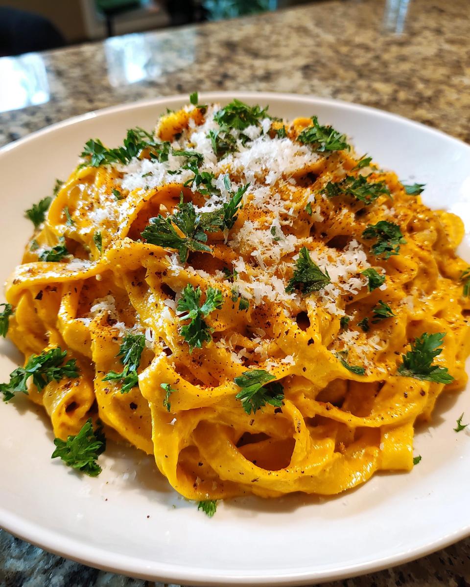 A close-up of a white bowl filled with Creamy Pumpkin Alfredo Pasta, topped with fresh parsley and grated Parmesan cheese.