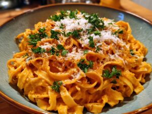A close-up of a bowl of Creamy Pumpkin Alfredo Pasta, garnished with fresh parsley and grated Parmesan cheese.