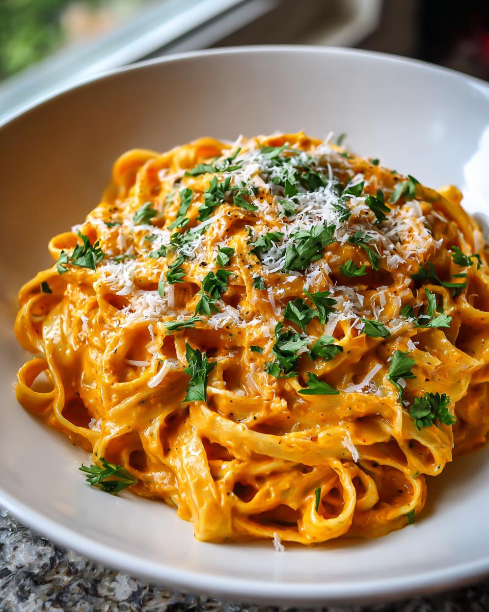 A close-up of a bowl of Creamy Pumpkin Alfredo Pasta, garnished with fresh parsley and grated Parmesan cheese.