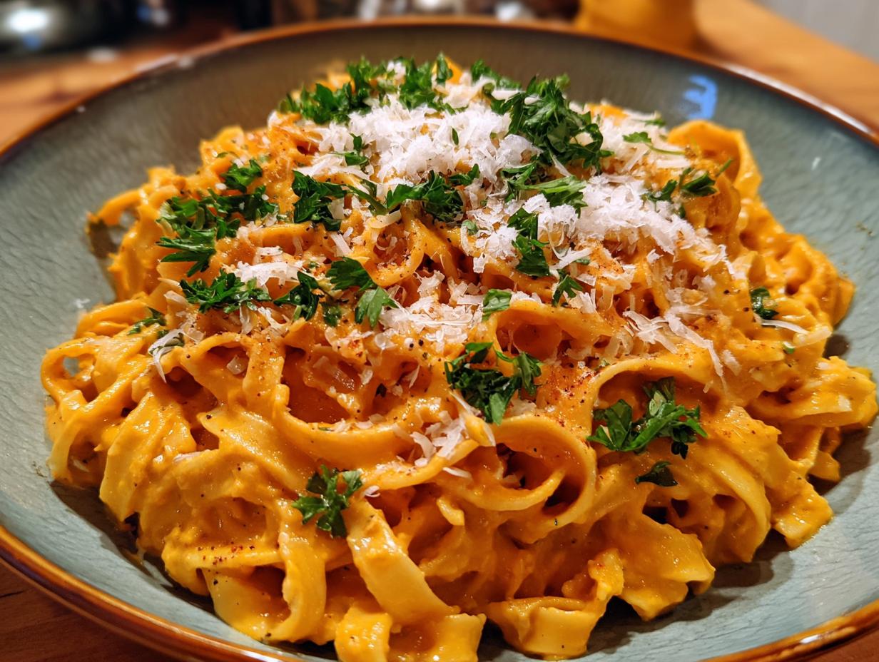 A close-up of a bowl of Creamy Pumpkin Alfredo Pasta, garnished with fresh parsley and grated Parmesan cheese.