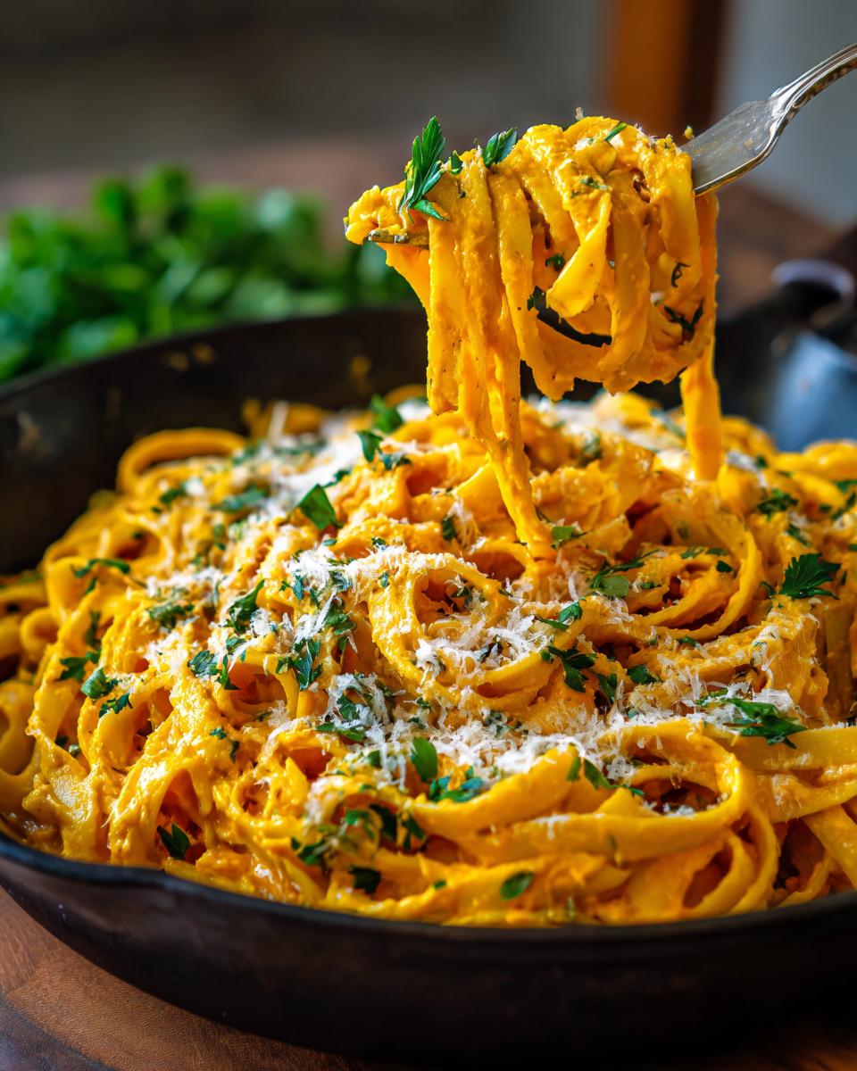 A fork lifts a swirl of creamy pumpkin alfredo pasta from a cast iron skillet, garnished with parsley and parmesan.
