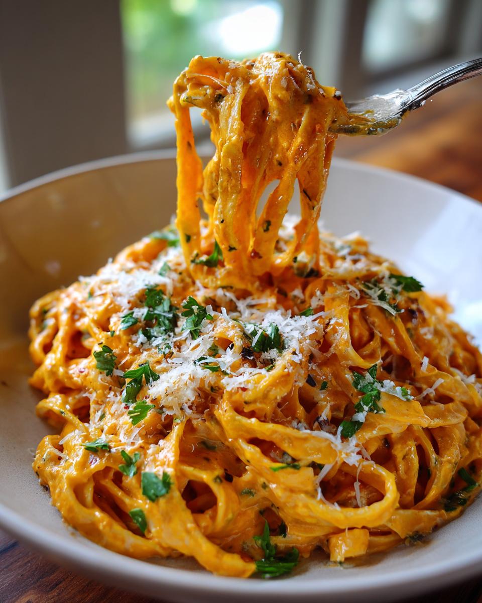 A fork lifts a swirl of fettuccine coated in creamy pumpkin alfredo sauce, topped with fresh parsley and grated parmesan cheese.