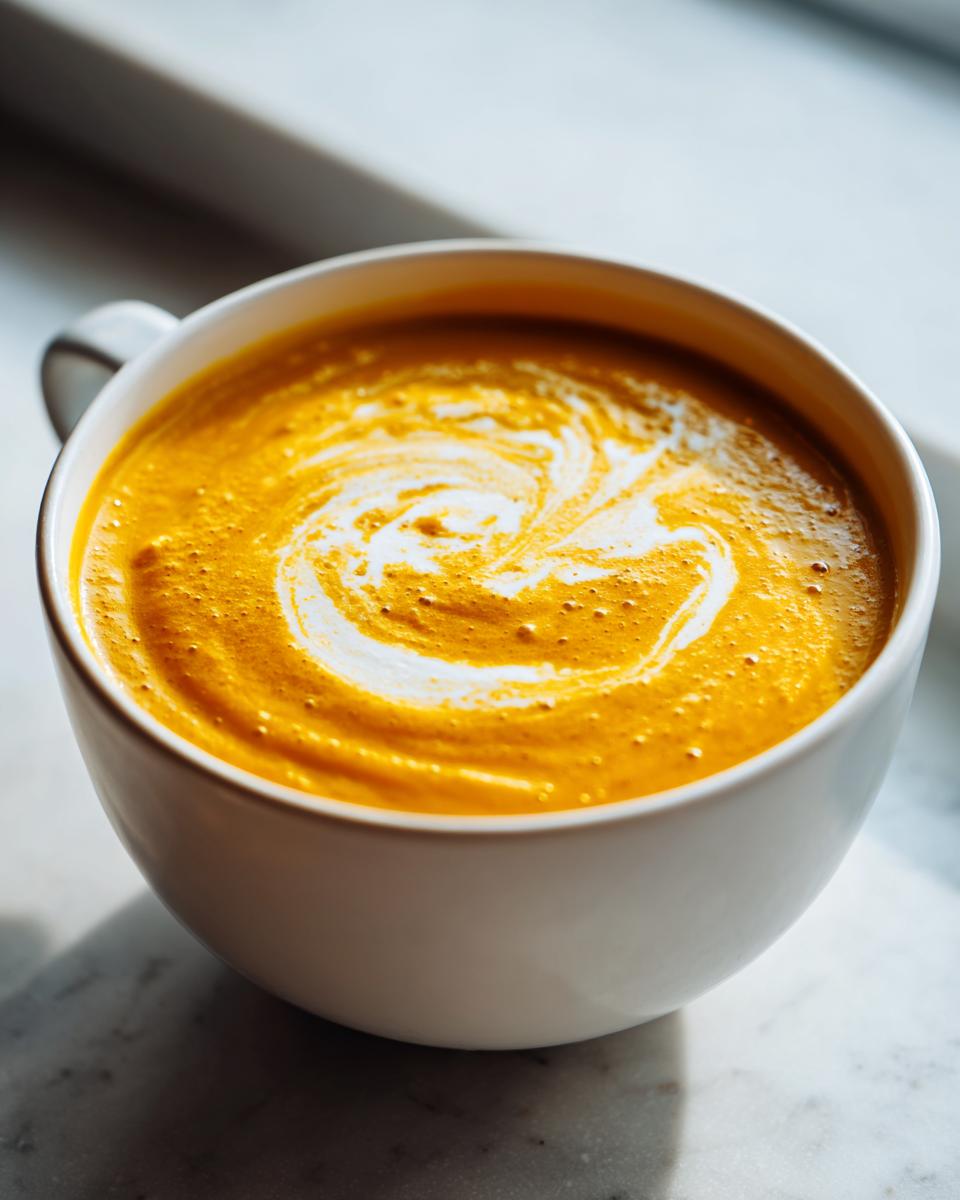 A close-up of a white bowl filled with vibrant orange Pumpkin Soup, artfully swirled with cream.
