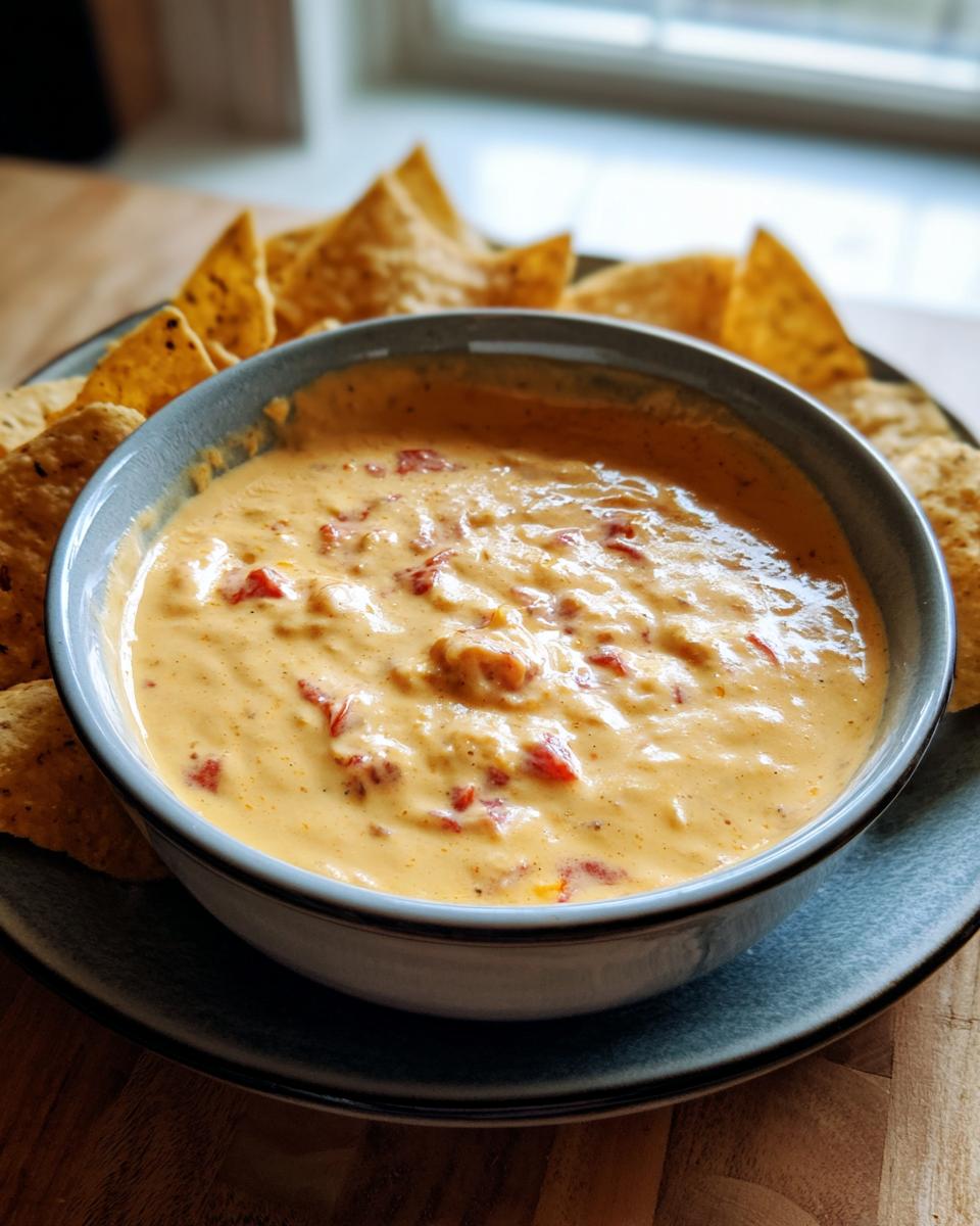 A close-up of a bowl of creamy Queso Dip with chunks of red pepper, surrounded by tortilla chips.