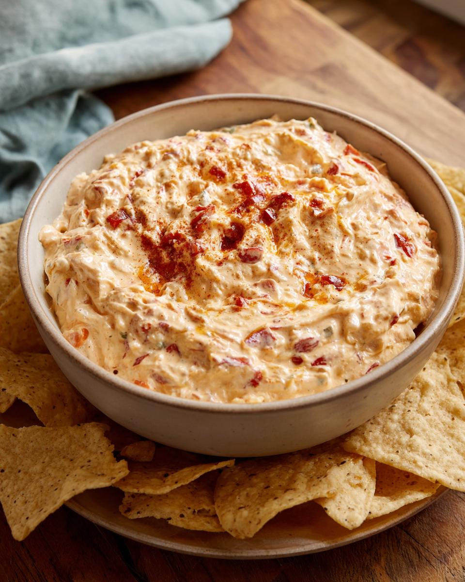 A bowl of creamy Queso Dip topped with paprika and surrounded by tortilla chips.