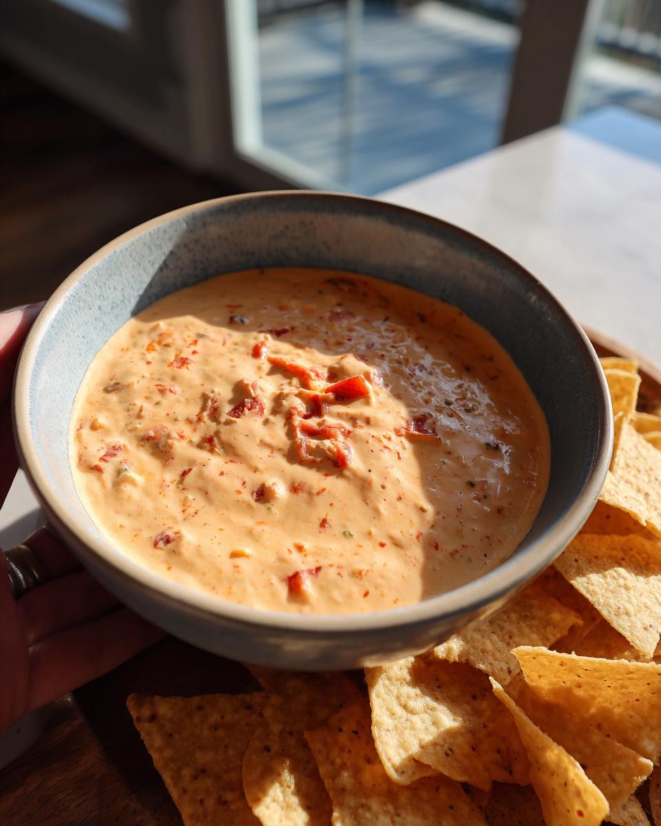 A bowl of creamy Queso Dip with chunks of tomatoes and peppers, served with tortilla chips.