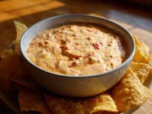 A bowl of creamy Queso Dip surrounded by tortilla chips, ready for dipping.