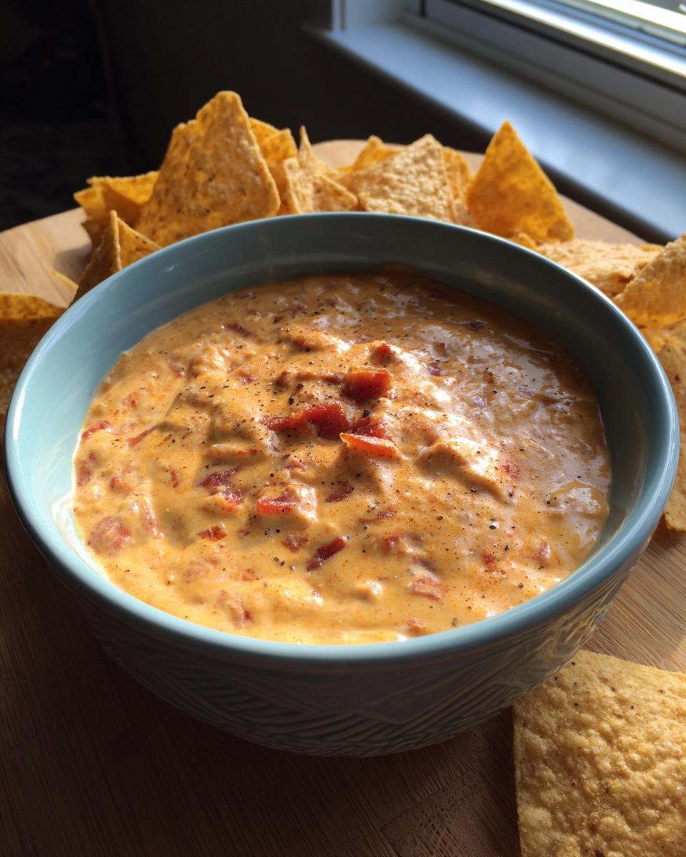 A bowl of creamy Queso Dip with chunks of tomatoes and black pepper, surrounded by tortilla chips.