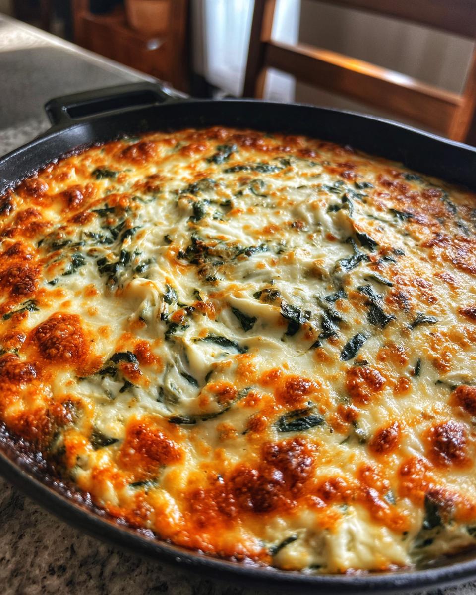 A close-up shot of a bubbling, golden-brown Creamy Spinach Artichoke Dip baked in a cast-iron skillet.