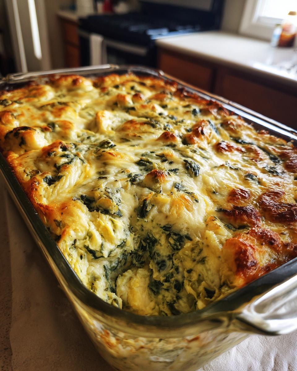 A bubbly and golden baked Creamy Spinach Artichoke Dip in a glass baking dish.