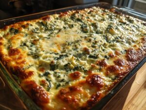 A close-up, overhead shot of a bubbly, golden-brown Creamy Spinach Artichoke Dip in a clear baking dish.