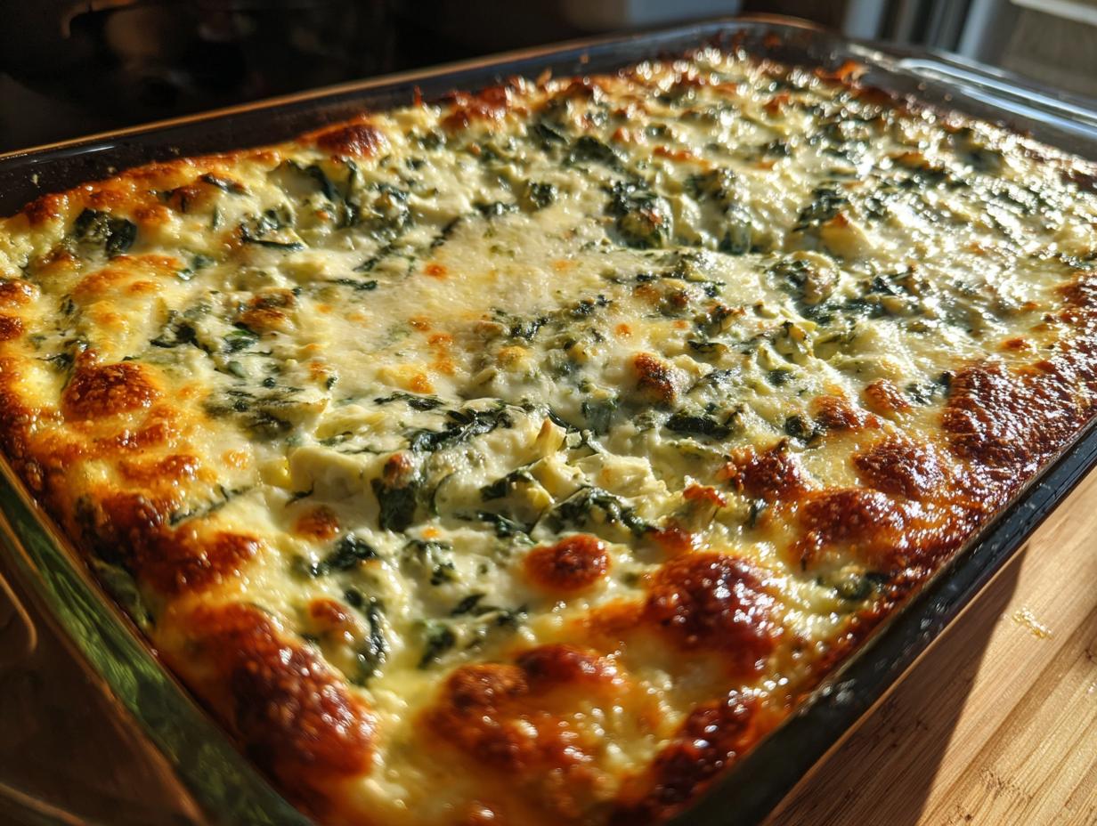 A close-up, overhead shot of a bubbly, golden-brown Creamy Spinach Artichoke Dip in a clear baking dish.
