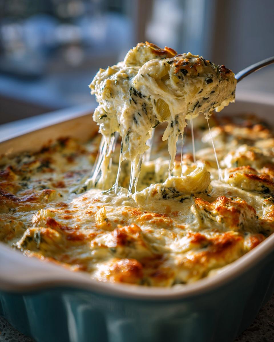 A spoonful lifting a generous portion of gooey, melted cheese from a bubbling Creamy Spinach Artichoke Dip.