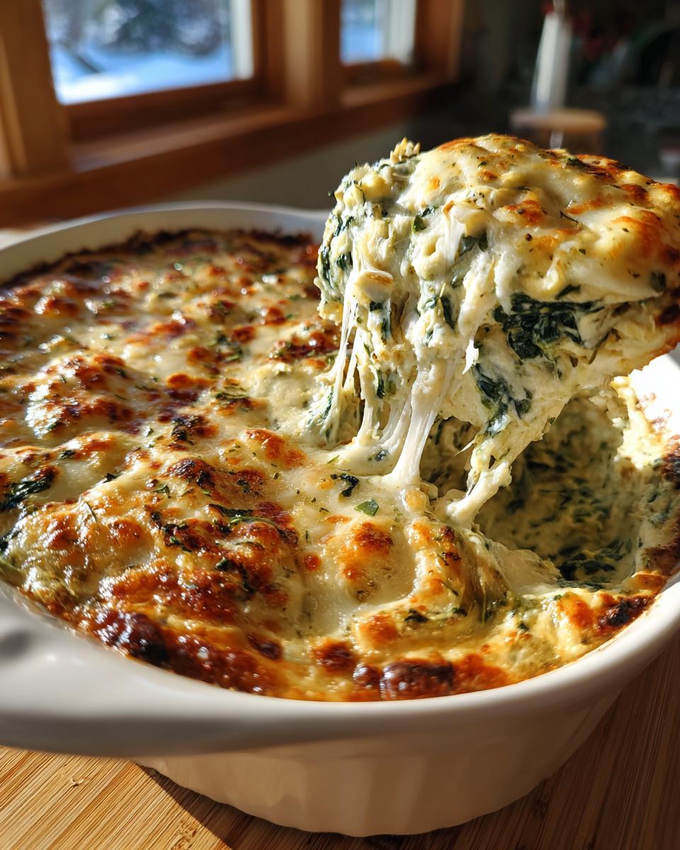 A scoop of gooey, cheesy Creamy Spinach Artichoke Dip being lifted from a baking dish, showing melted cheese strings.