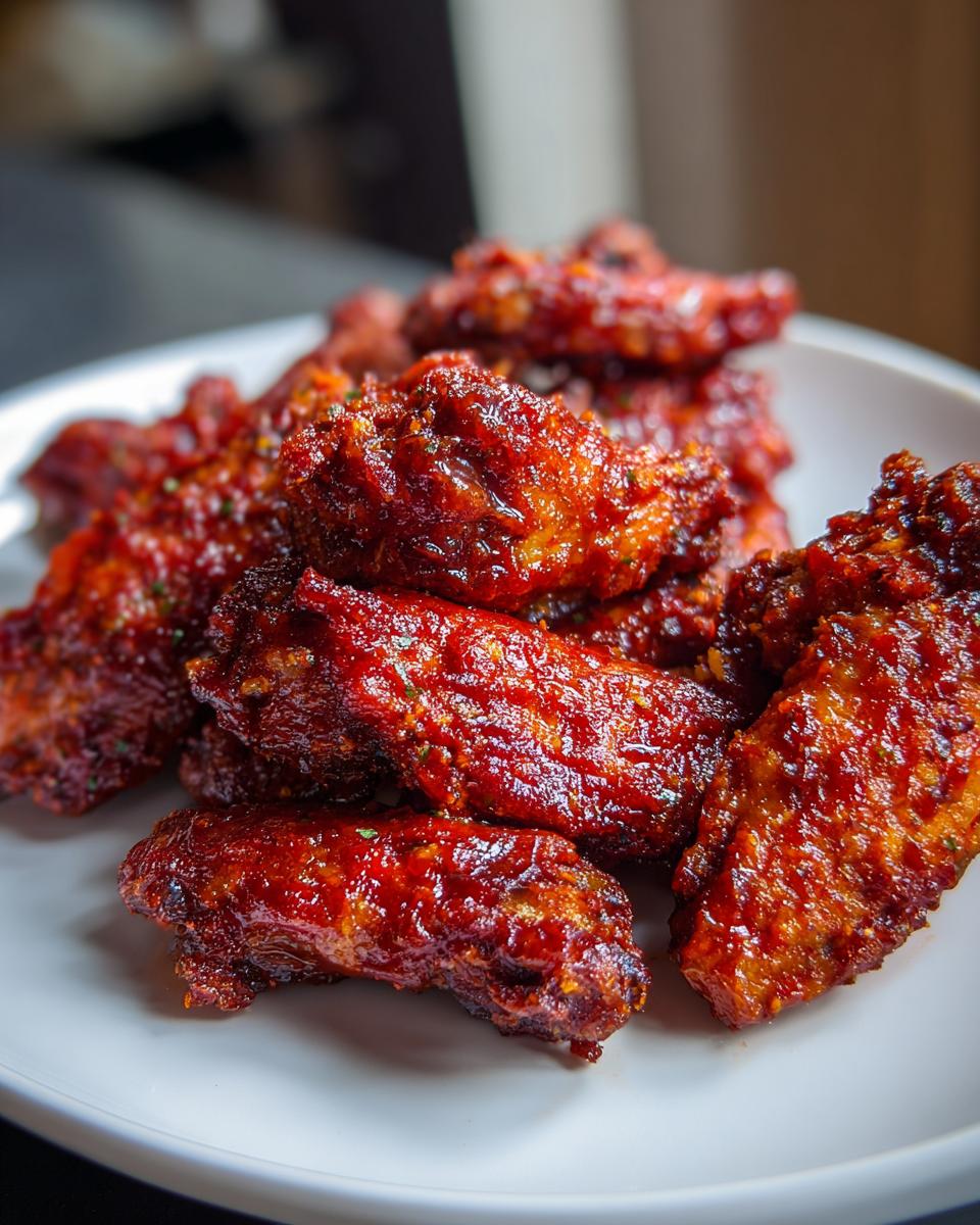 Close-up of a plate piled high with glistening, crispy Buffalo Wings coated in a rich, red sauce.