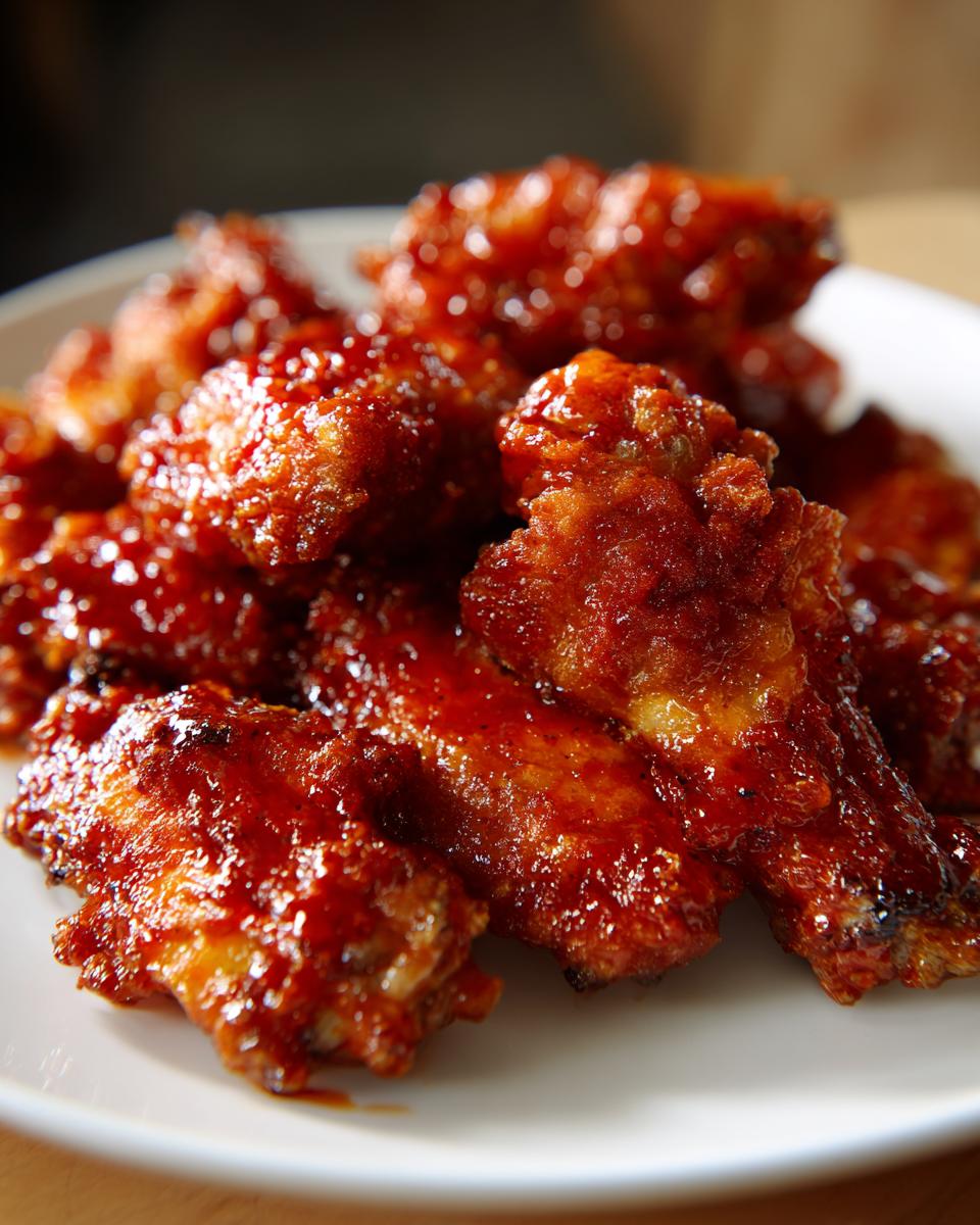 A close-up of a plate piled high with perfectly cooked Buffalo Wings, coated in a glistening, spicy sauce.