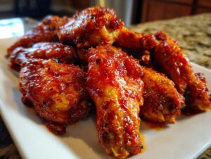 Close-up of a plate piled high with glistening, crispy Buffalo Wings coated in a rich, red sauce.