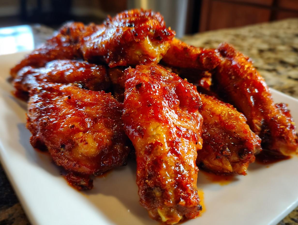 Close-up of a plate piled high with glistening, crispy Buffalo Wings coated in a rich, red sauce.