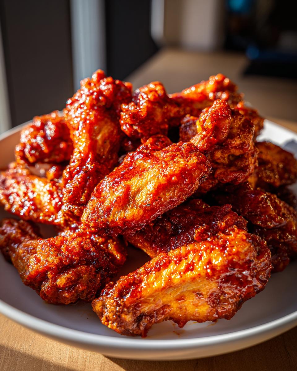 A close-up of a pile of glistening, crispy Buffalo Wings coated in a rich red sauce.