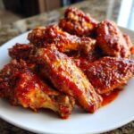 A plate piled high with perfectly cooked, crispy Buffalo Wings coated in a glistening red sauce with visible herbs.