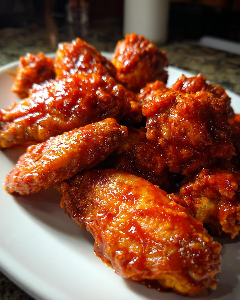 Close-up of a plate piled high with crispy Buffalo Wings coated in a glossy, vibrant red sauce.