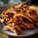 A close-up, mouthwatering shot of shredded, crispy carnitas pork piled high on a grey plate.