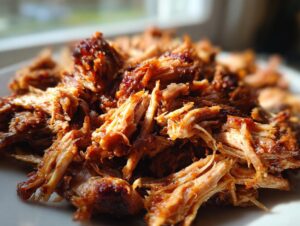 Close-up of a pile of shredded, crispy carnitas pork with a rich, caramelized glaze.