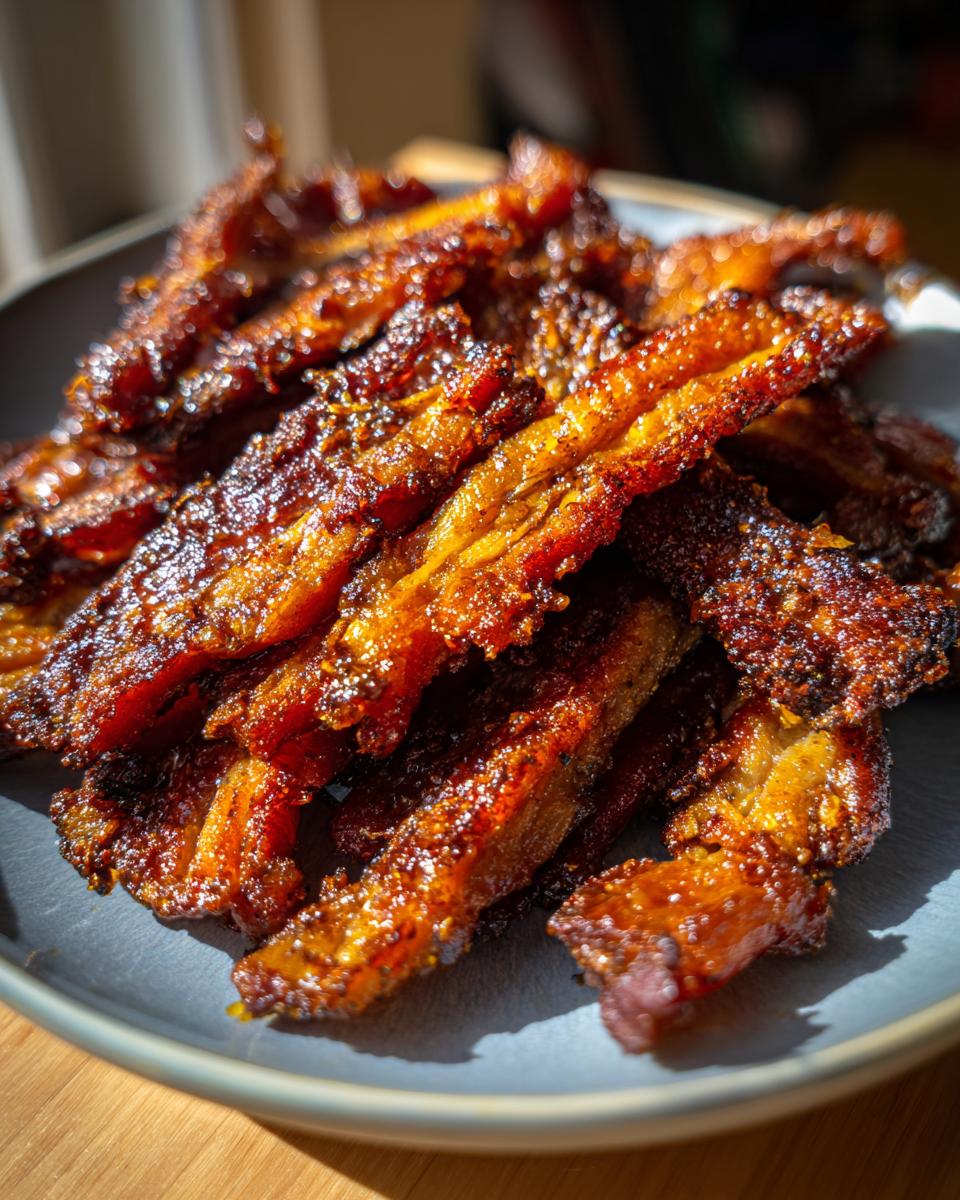 Close-up of crispy carnitas pork belly strips piled on a dark plate, glistening with rendered fat.