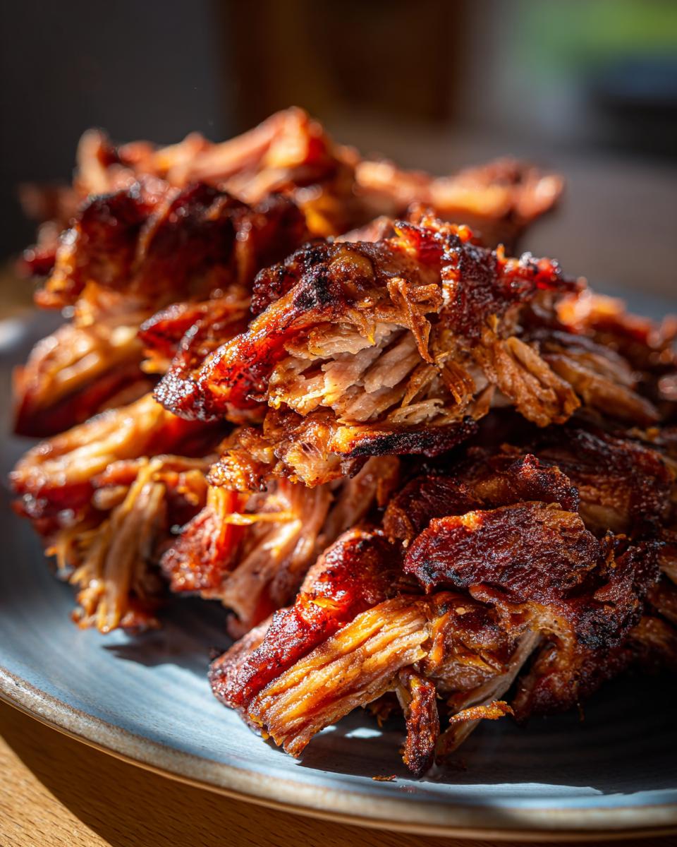 A close-up shot of a pile of perfectly crisped carnitas pork, showcasing its shredded texture and rich brown color.