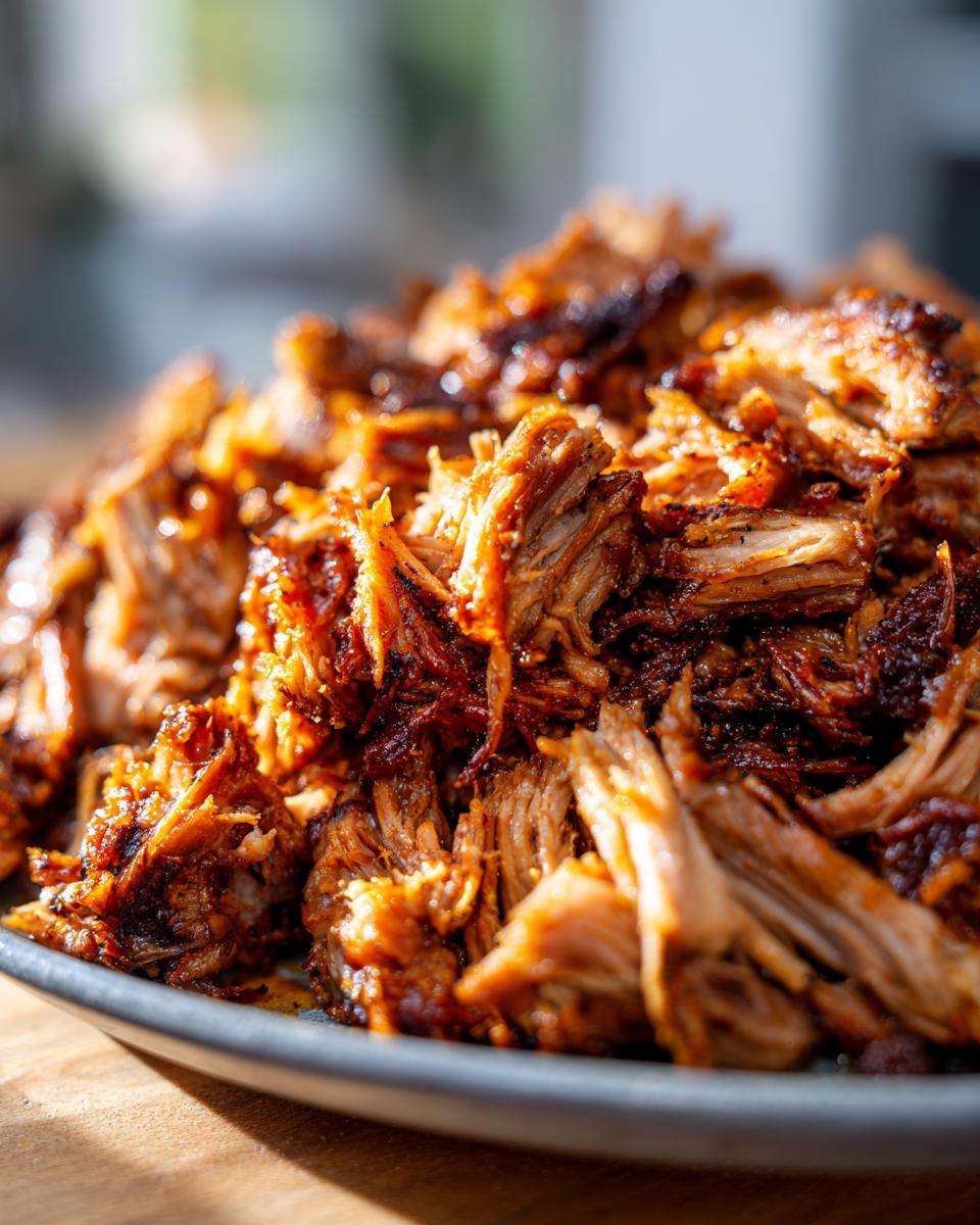 Close-up of a pile of perfectly crispy carnitas pork, shredded and glistening, ready to be served.