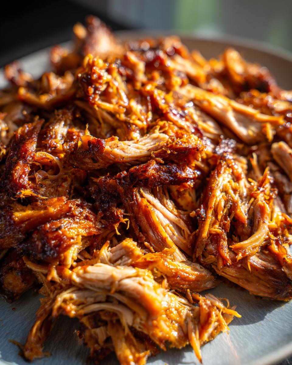 Close-up of a plate piled high with shredded, crispy carnitas pork, glistening with juices.