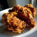 Close-up of golden brown, crispy fried chicken pieces piled on a white plate, ready to be enjoyed.