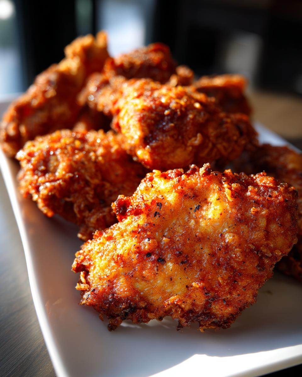 Close-up of golden-brown, crispy fried chicken pieces piled on a white rectangular plate.