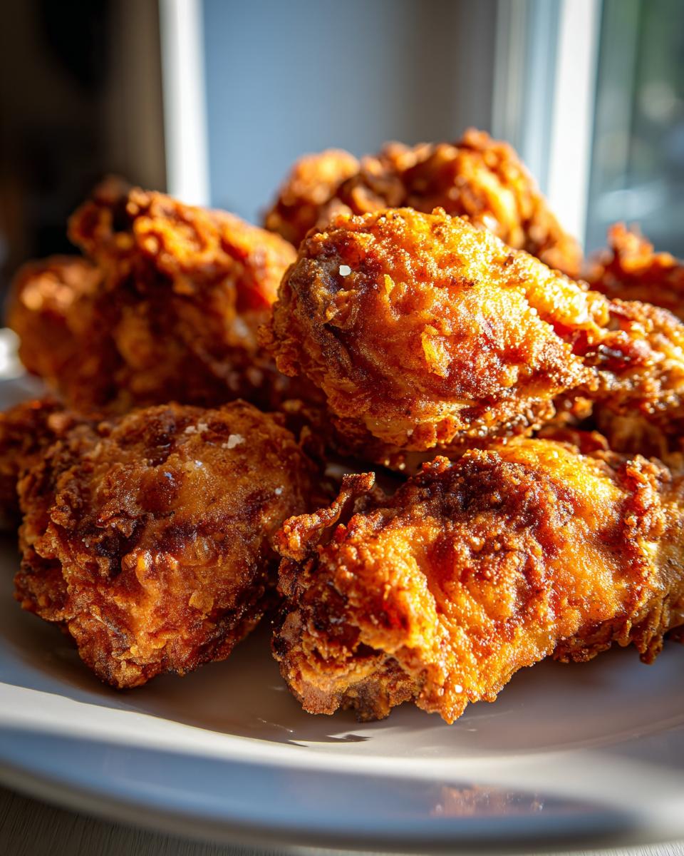 A close-up of golden-brown, crispy fried chicken pieces piled on a white plate, with sunlight highlighting the texture.