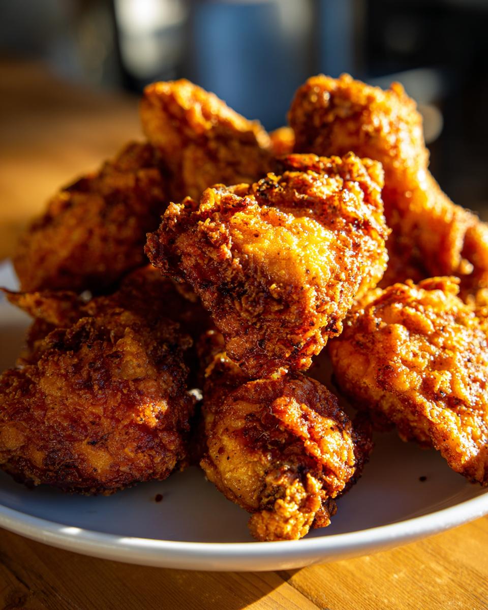 A close-up of a pile of golden-brown, crispy fried chicken pieces on a white plate.