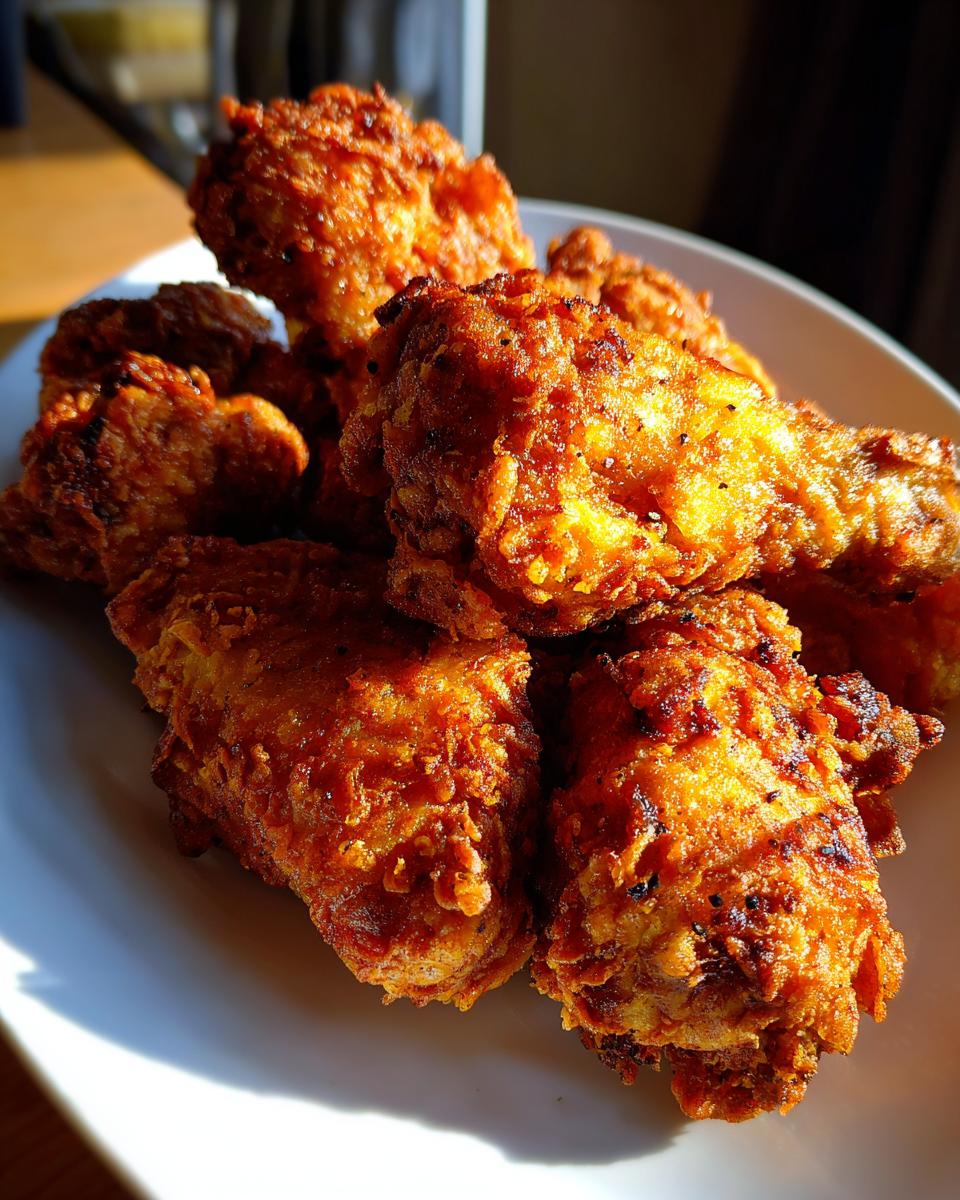 A pile of golden-brown, crispy fried chicken pieces on a white plate, ready to be enjoyed.