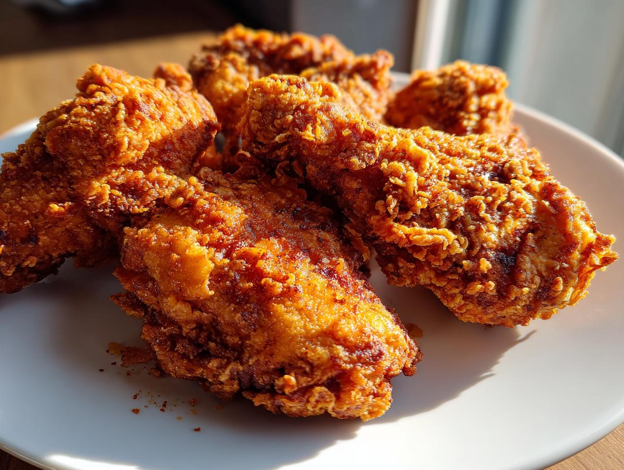 Close-up of golden brown, crispy fried chicken pieces piled on a white plate.